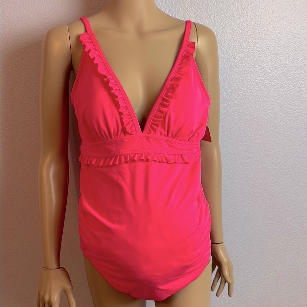 NWT Pink Ruffled Maternity Women's One Piece Swimsuit - Picture 4 of 13